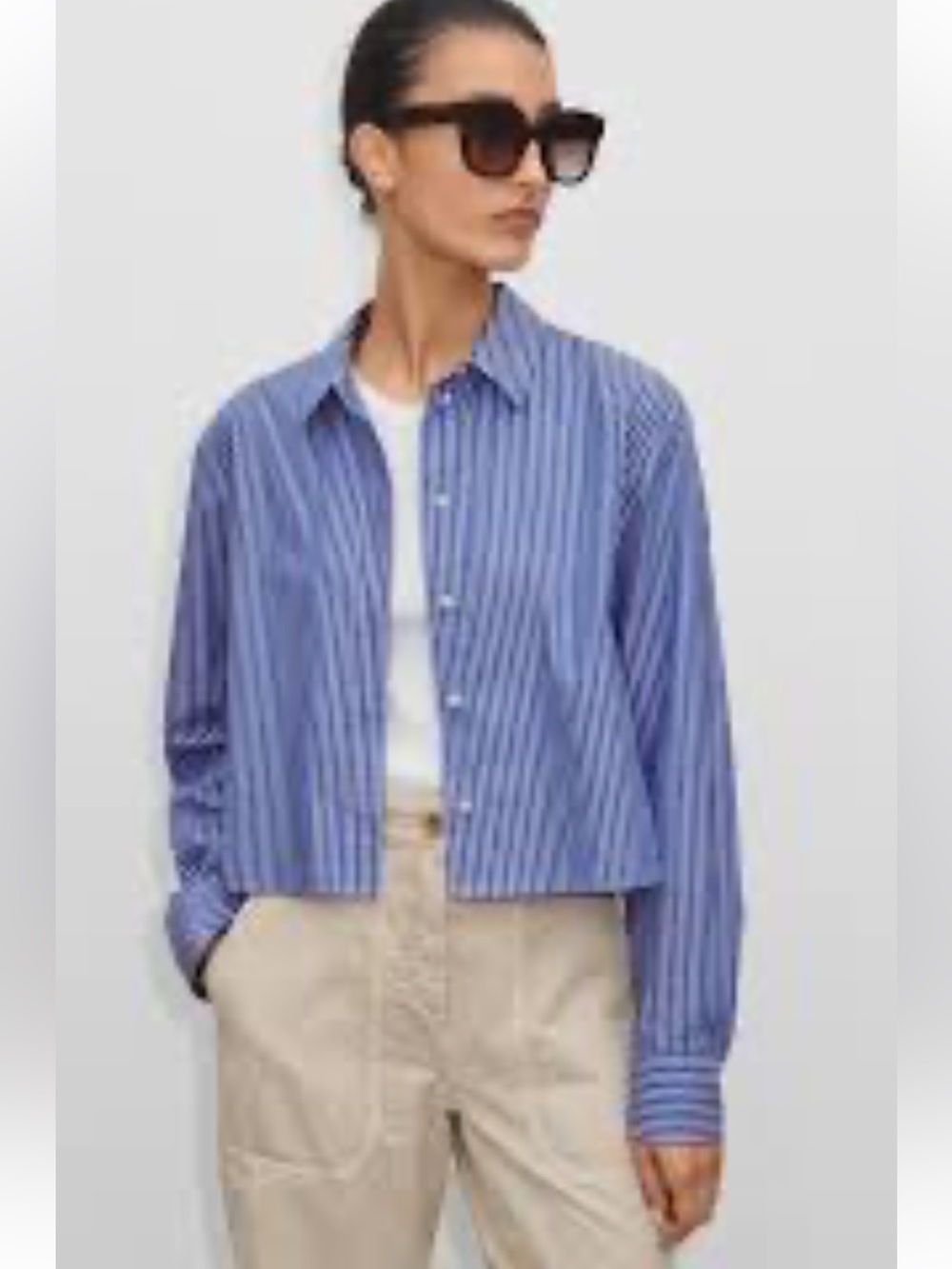 Zara Button Down Shirt, Cotton Poplin, Cropped, Blue & White Stripe, M - Picture 5 of 13